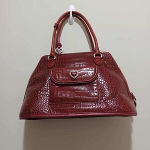 Brighton Ferrara Croc Embossed Leather Satchel Bag Burgundy Heart Charm